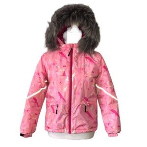 WANTDO Faux Fur Hood Ski Geometric Novelty Print Pink Coat Jacket Size 10/12